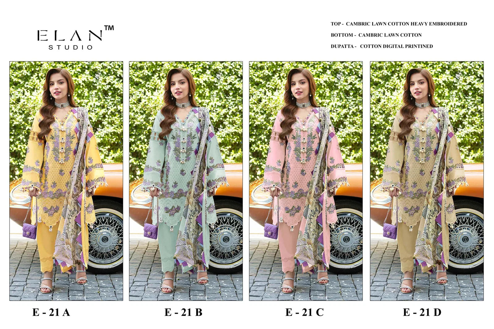 Elan E 21 A To D Cambric Lawn Cotton Embroidered Salwar Kameez Collection
