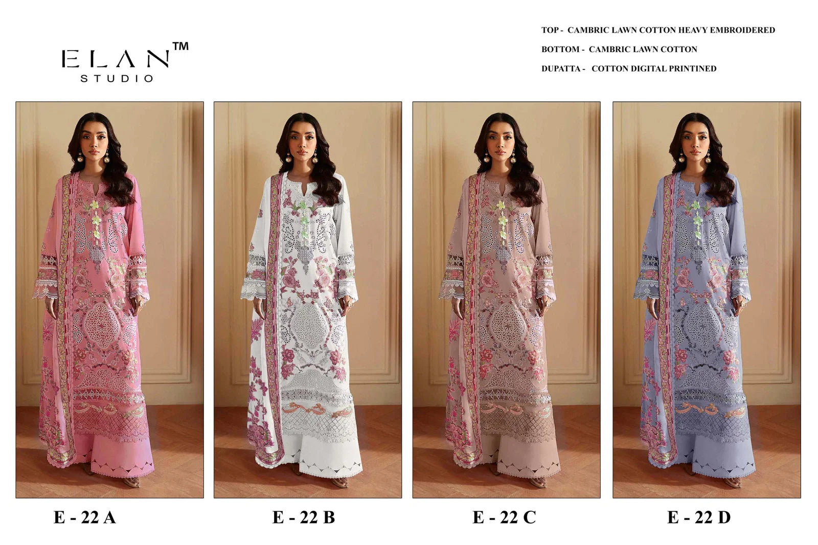 Elan E 22 A To D Cambric Cotton Embroidered Salwar Kameez