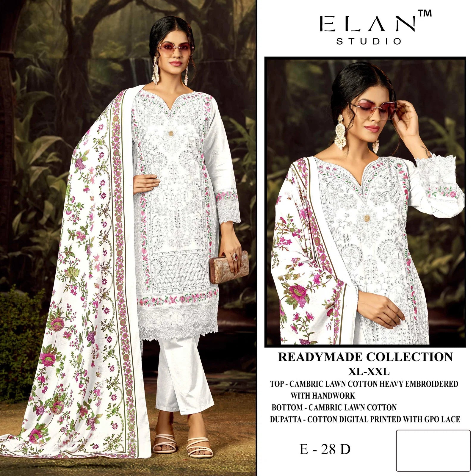 Elan E 28 A To D Cambric Lawn Cotton Embroidered Salwar Kameez