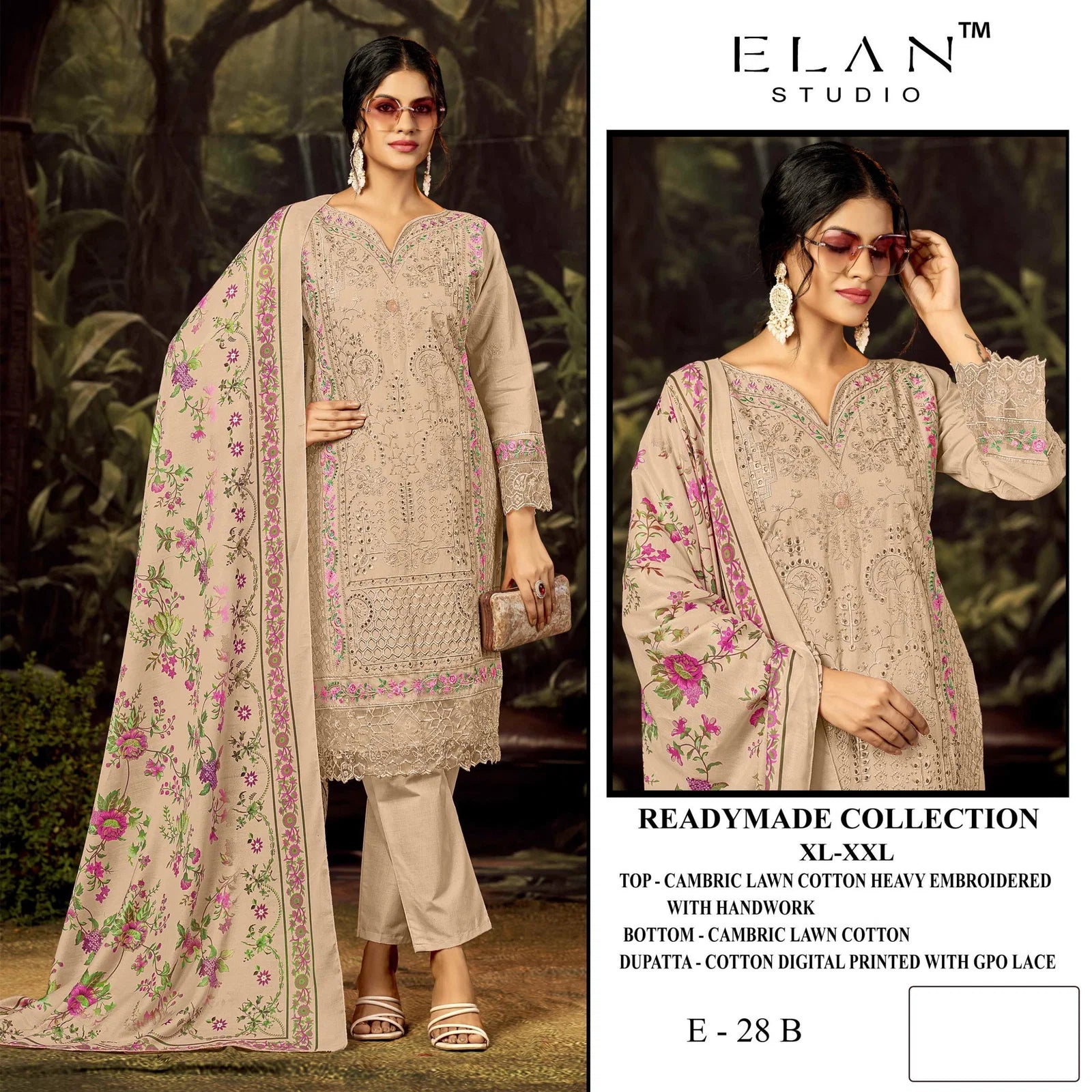 Elan E 28 A To D Cambric Lawn Cotton Embroidered Salwar Kameez