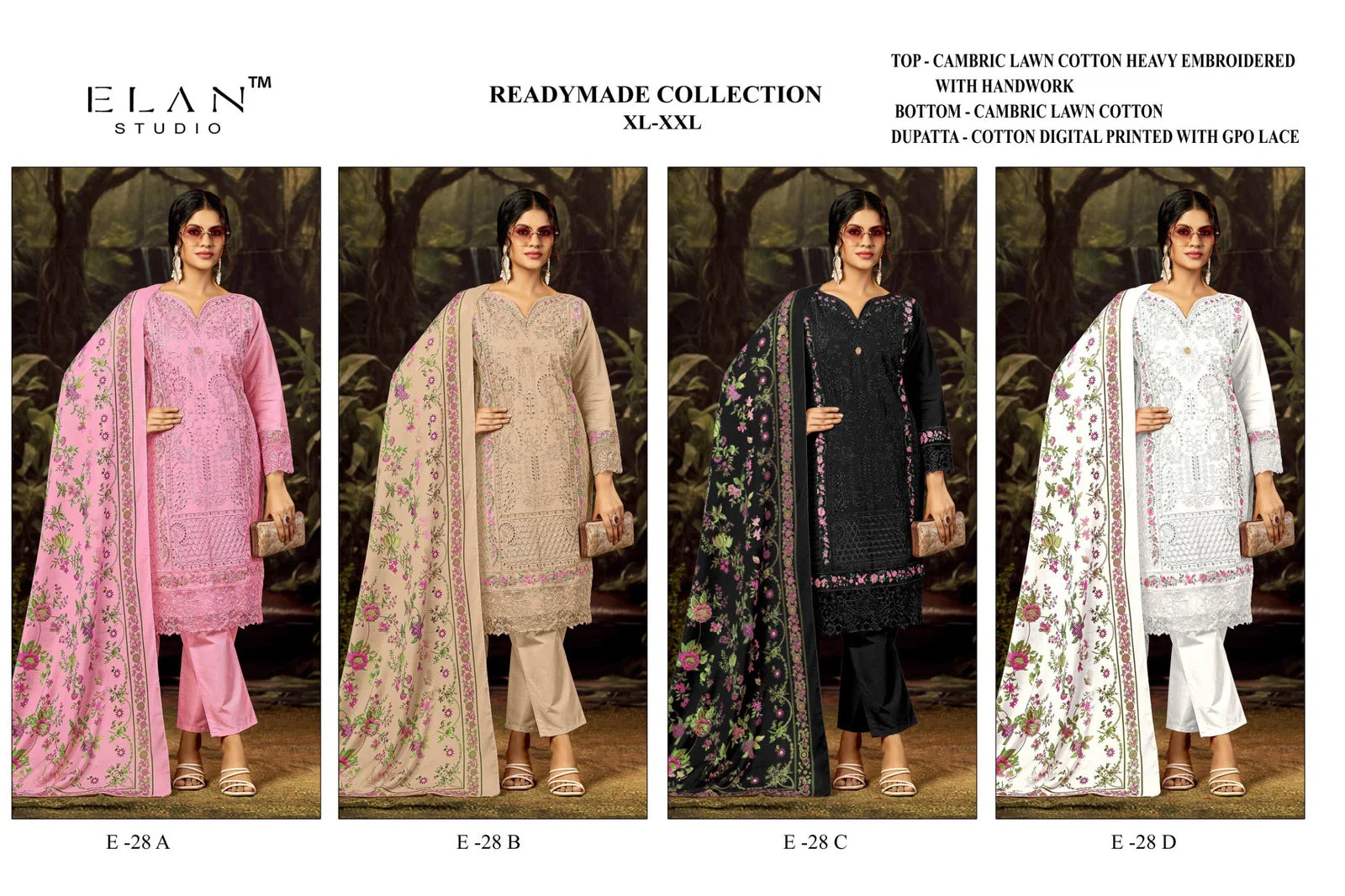 Elan E 28 A To D Cambric Lawn Cotton Embroidered Salwar Kameez