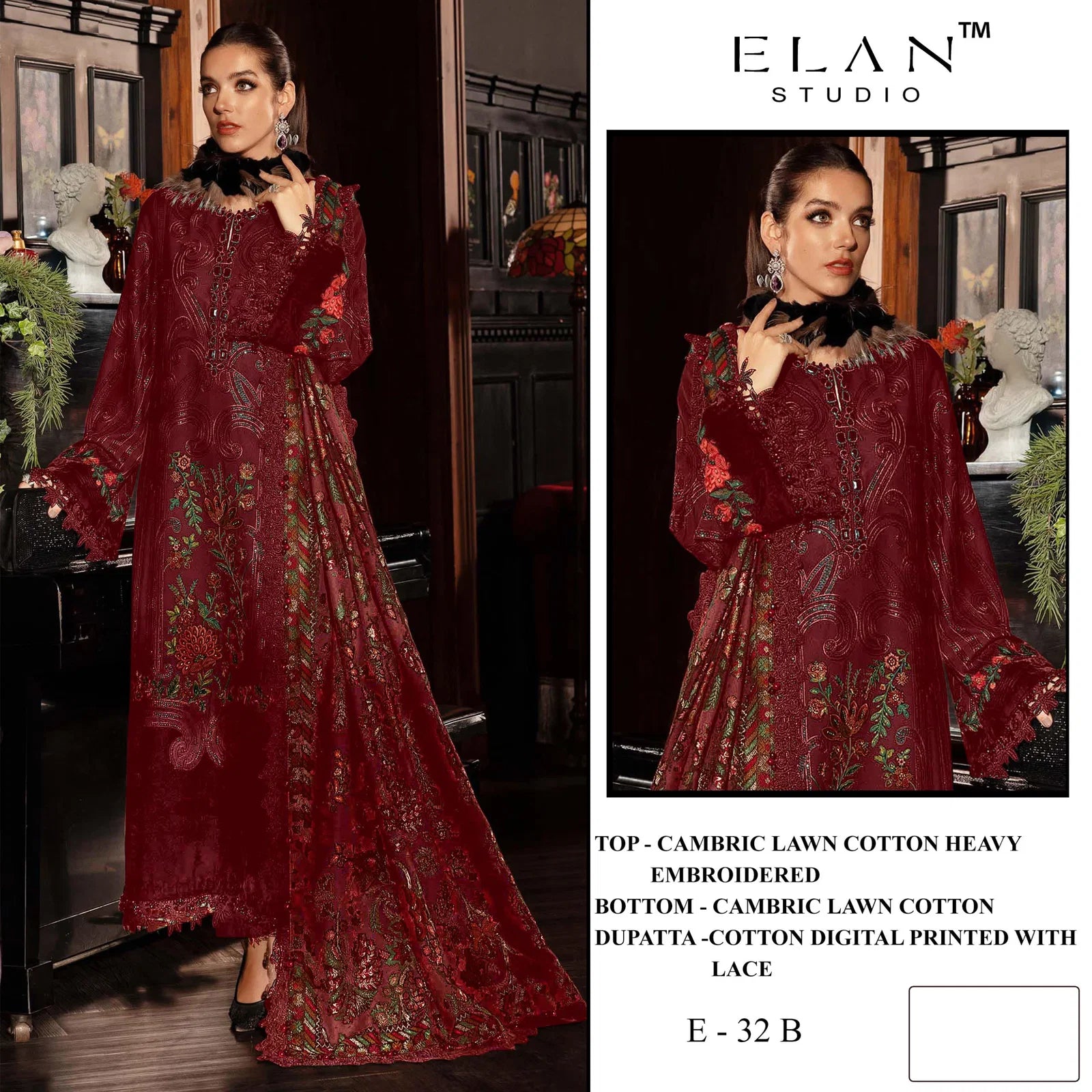 Elan E 32 A To D Cambric Cotton Embroidered Salwar Kameez