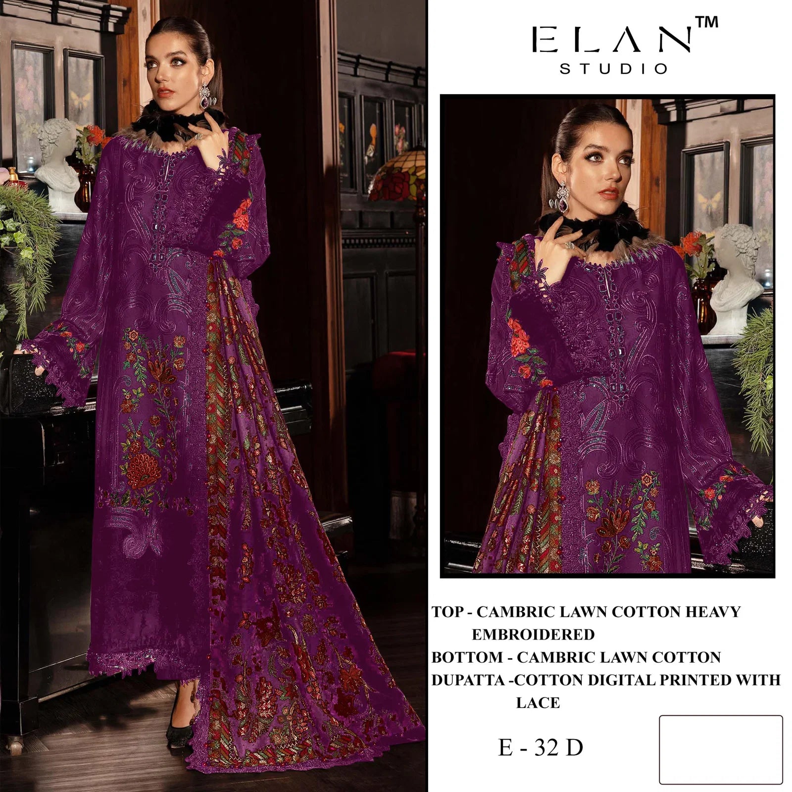 Elan E 32 A To D Cambric Cotton Embroidered Salwar Kameez