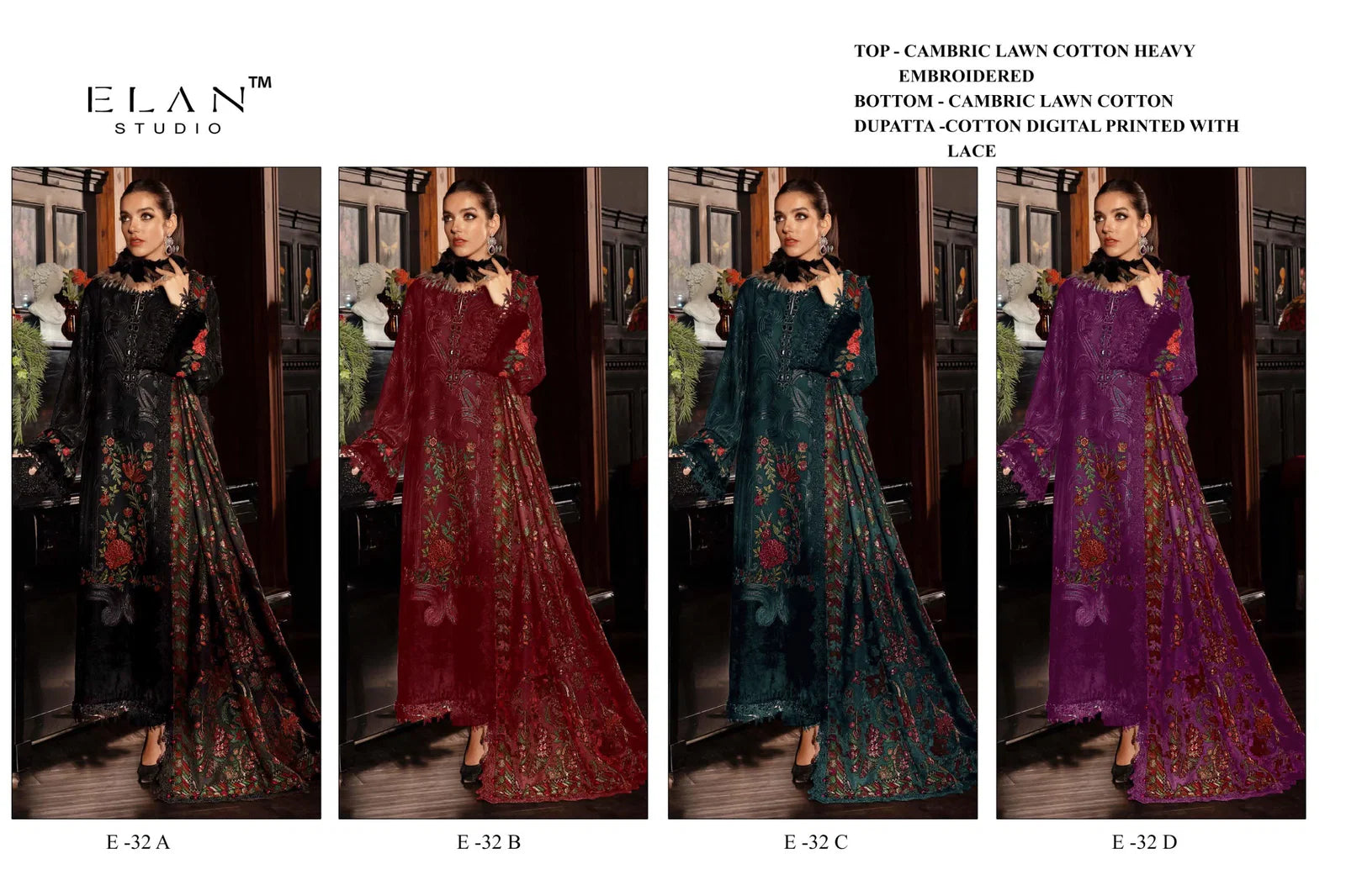 Elan E 32 A To D Cambric Cotton Embroidered Salwar Kameez