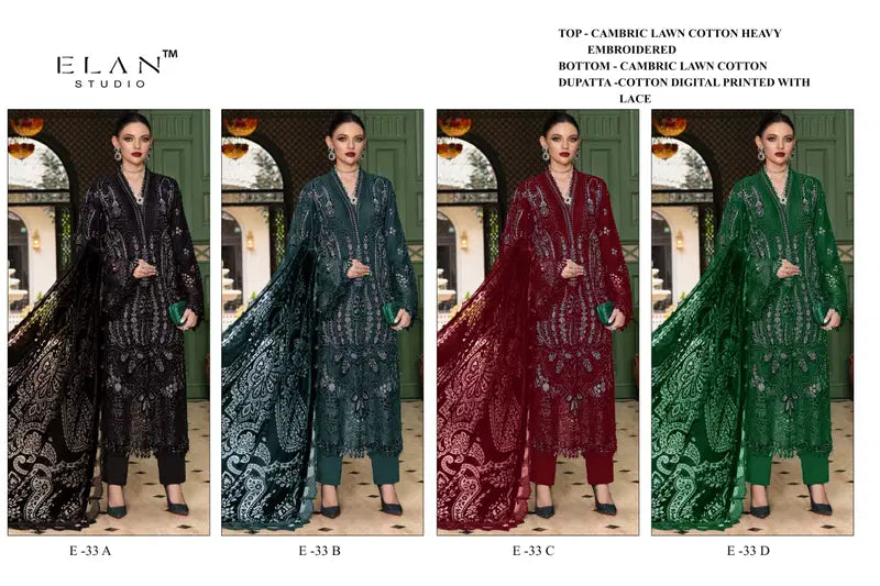 Elan E 33 A To D Cambric Cotton Embroidered Salwar Kameez Collection