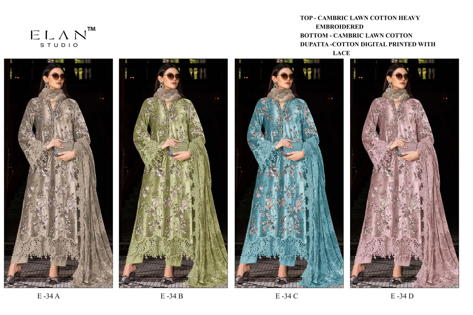 Elan E 34 Cambric Cotton Embroidered Salwar Kameez Collection