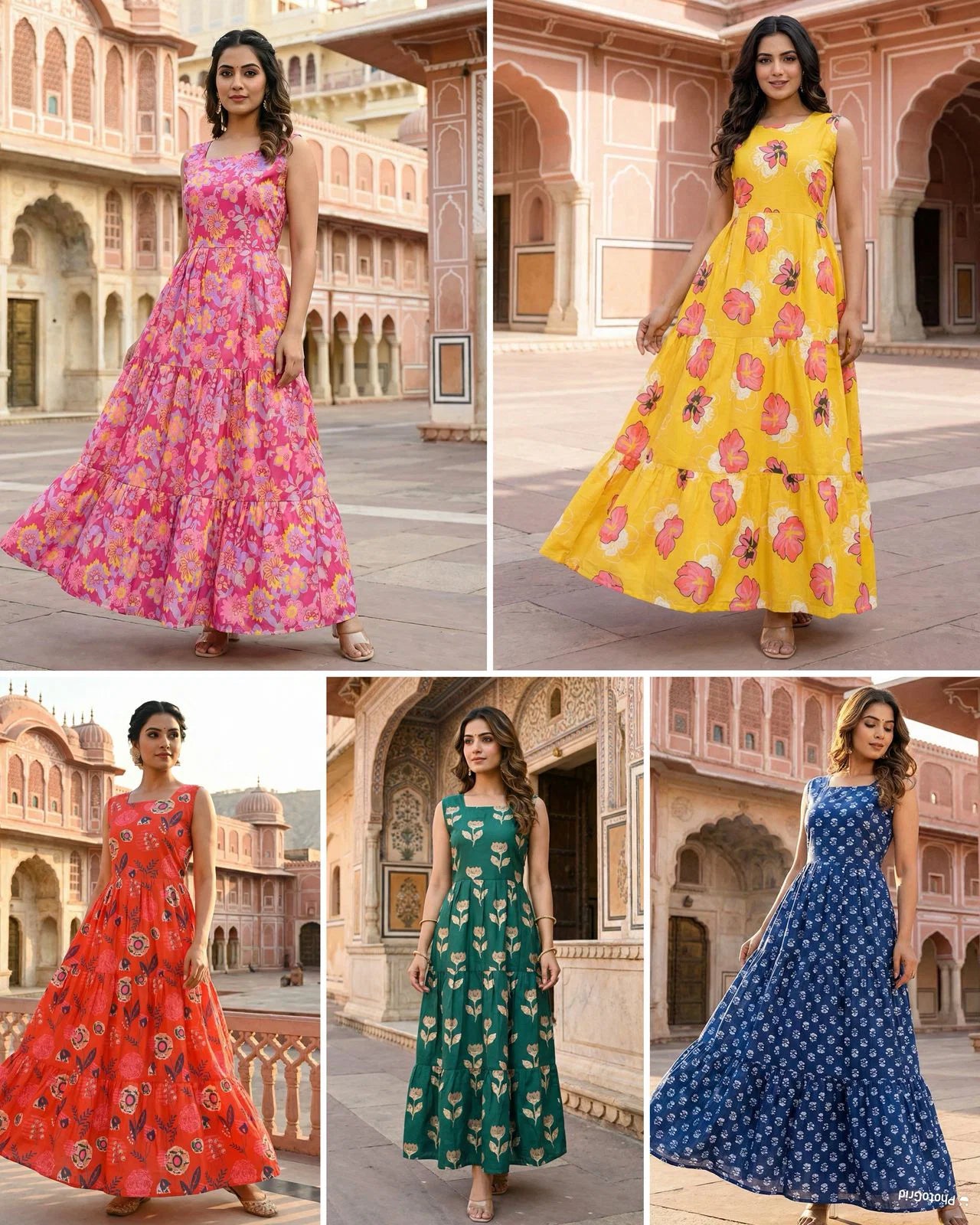 Floral 01 To 05 Cotton Printed Sleeveless Maxi Dress Collection