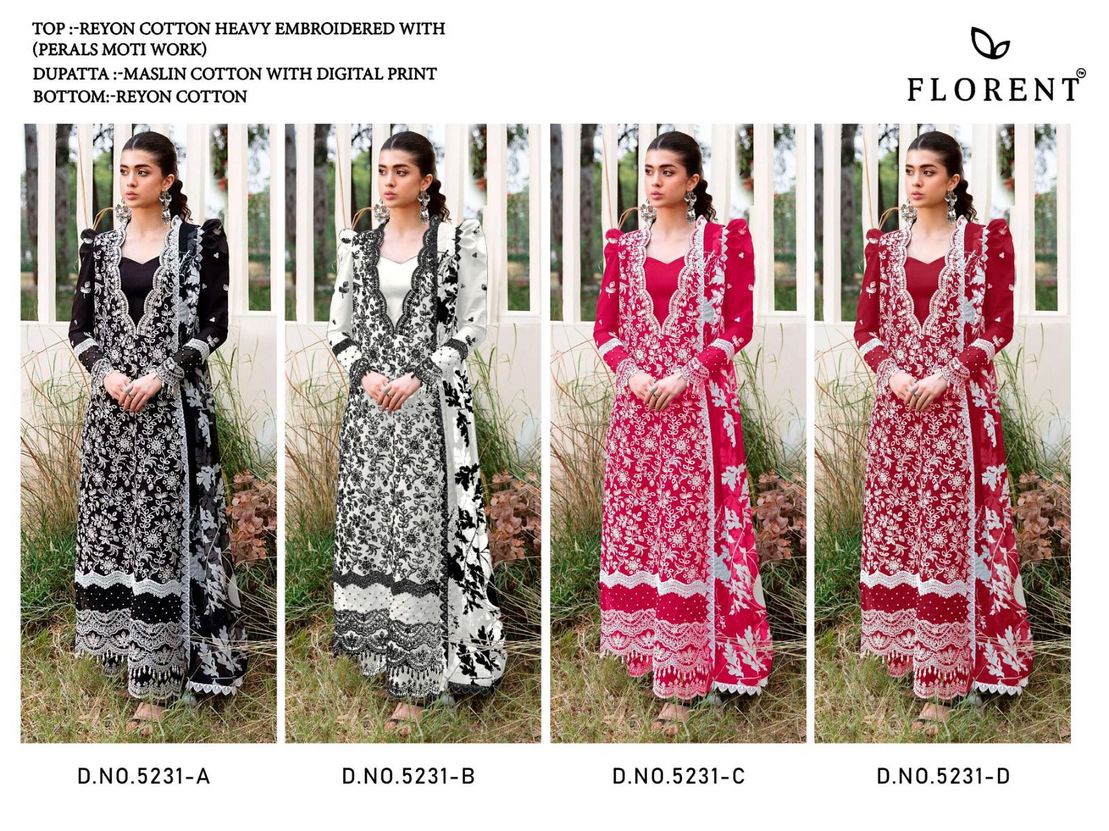 Florent 5231 A To D Rayon Cotton Embroidered Salwar Kameez Collection