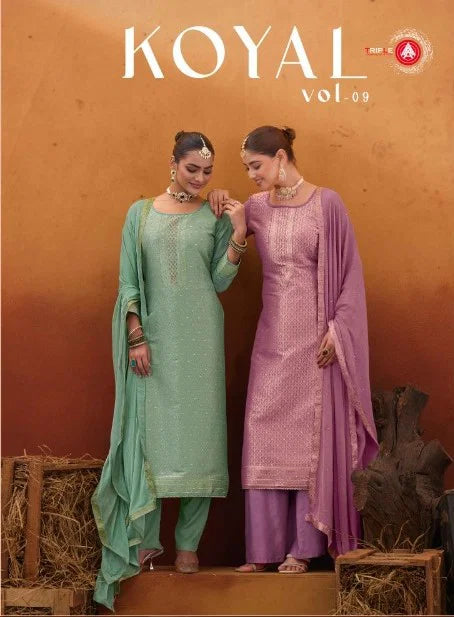 Four Dots Koyal Vol 9 Muslin Jacquard With Swaroski Work Dress Material