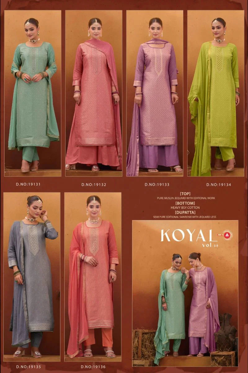 Four Dots Koyal Vol 9 Muslin Jacquard With Swaroski Work Dress Material