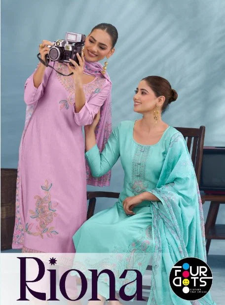 Four Dots Riona Muslin With Applique Work Dress Material