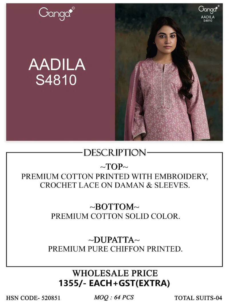 Ganga Aadila 4810 Cotton Printed With Embroidery Salwar Kameez