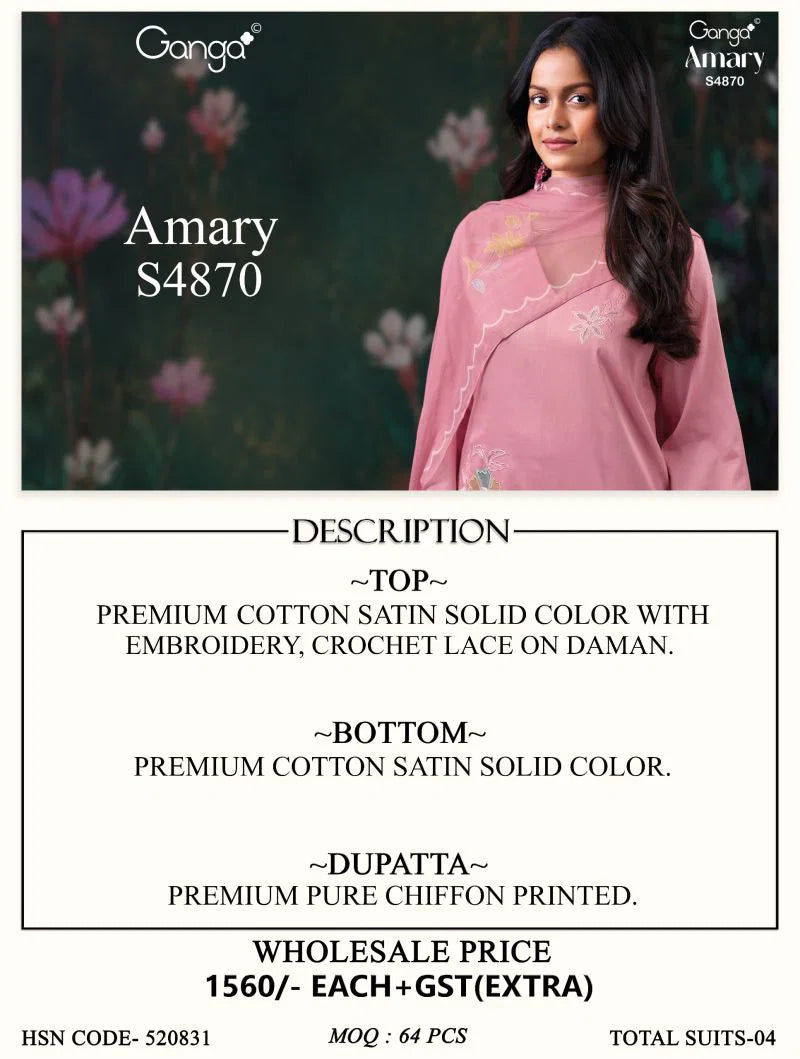 Ganga Amary 4870 Cotton Satin Embroidered Salwar Kameez