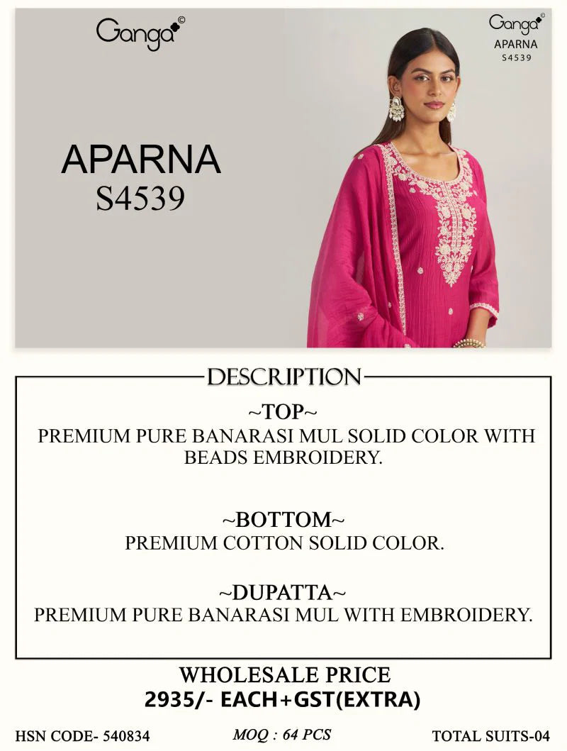 Ganga Aparna 4539 Banarasi Mul Beads Embroidered Salwar Kameez