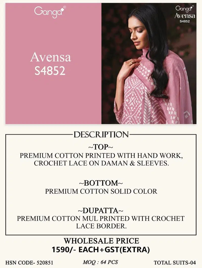 Ganga Avensa 4852 Cotton Printed With Hand Worked Salwar Kameez Collection