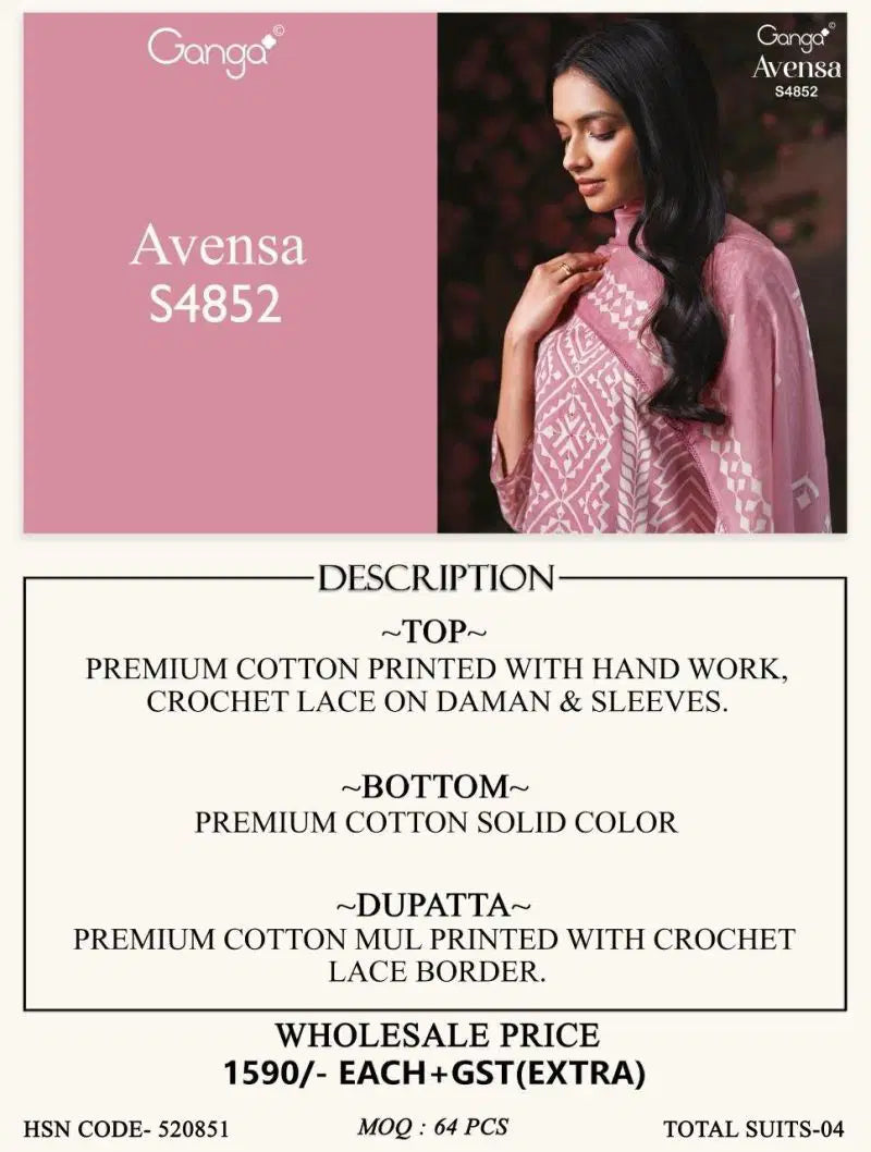 Ganga Avensa 4852 Cotton Printed With Hand Worked Salwar Kameez Collection