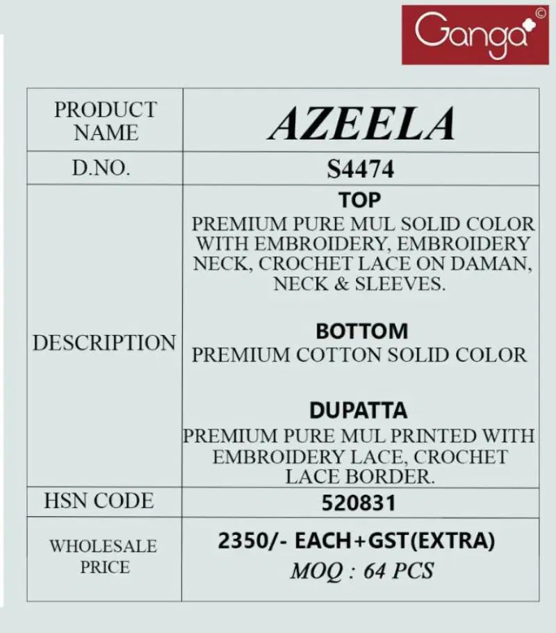 Ganga Azeela S 4474 Mul Solid Embroidered Salwar Kameez