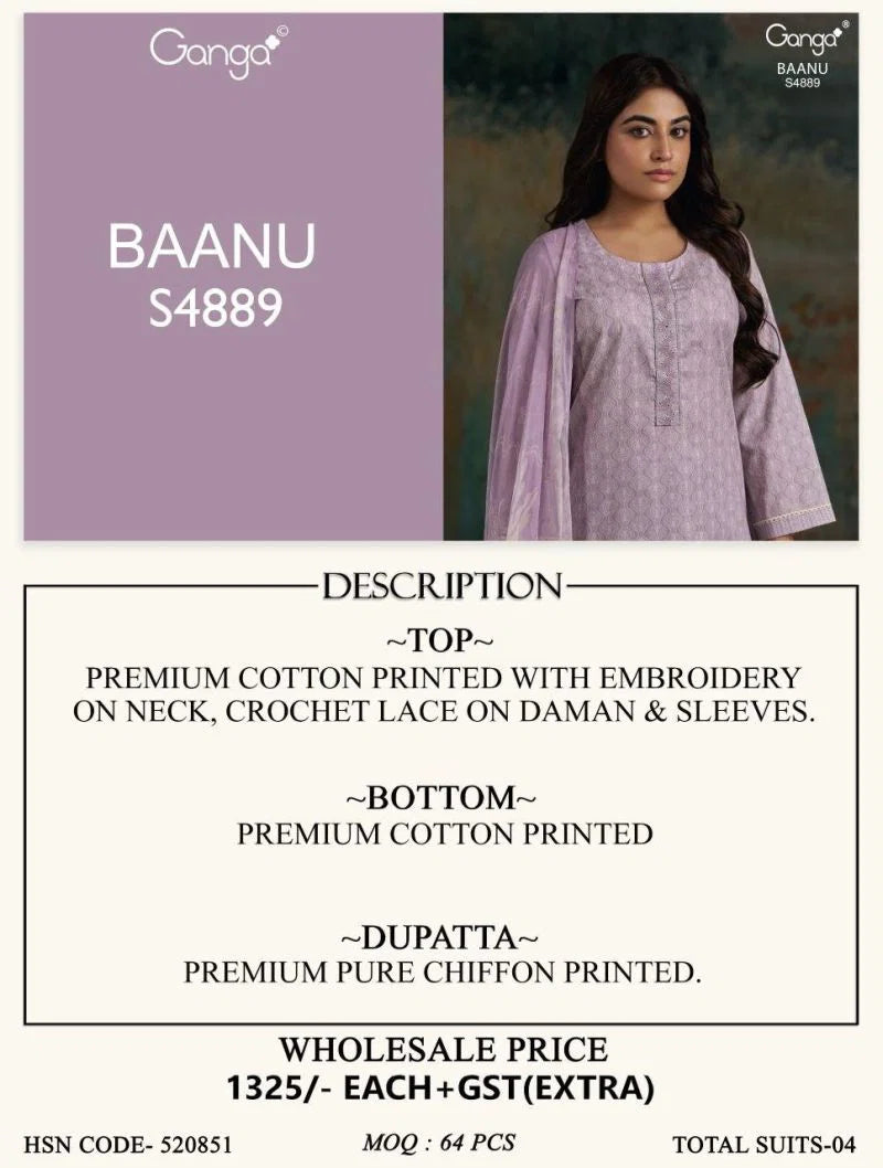 Ganga Baanu 4889 Cotton Printed With Embroidered Salwar Kameez Collection