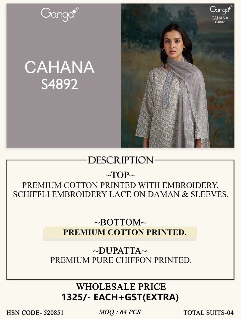Ganga Cahana 4892 Cotton Print Embroidered Salwar Kameez