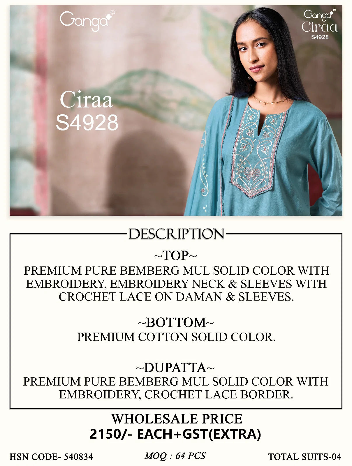 Ganga Ciraa 4298 Pure Bemberg Mul Embroidered Salwar Kameez