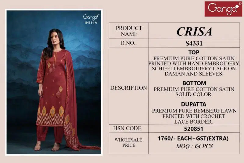 Ganga Crisa S 4331 Cotton Satin Hand Embroidered Salwar Kameez