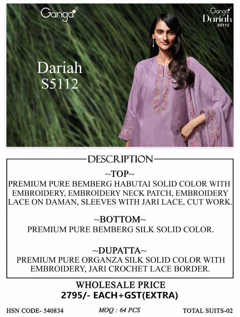 Ganga Dariah 5112 Bemberg Habutai Embroidered Salwar Kameez