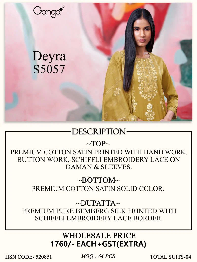 Ganga Deyra 5057 Cotton Satin Print Hand Work Salwar Kameez Collection