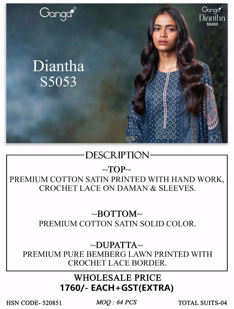 Ganga Diantha 5053 Cotton Satin Printed Handwork Salwar Kameez