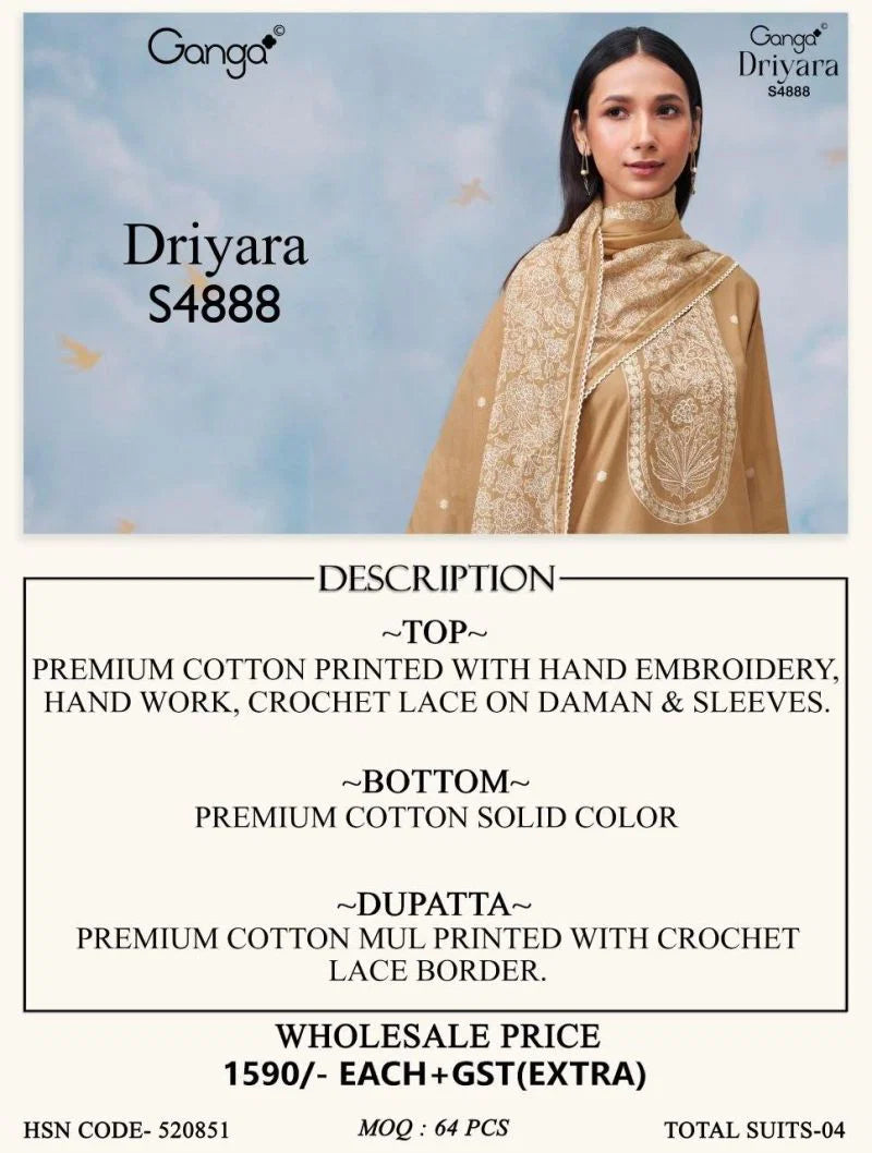 Ganga Driyara 4888 Cotton Printed Hand Embroidered Salwar Kameez