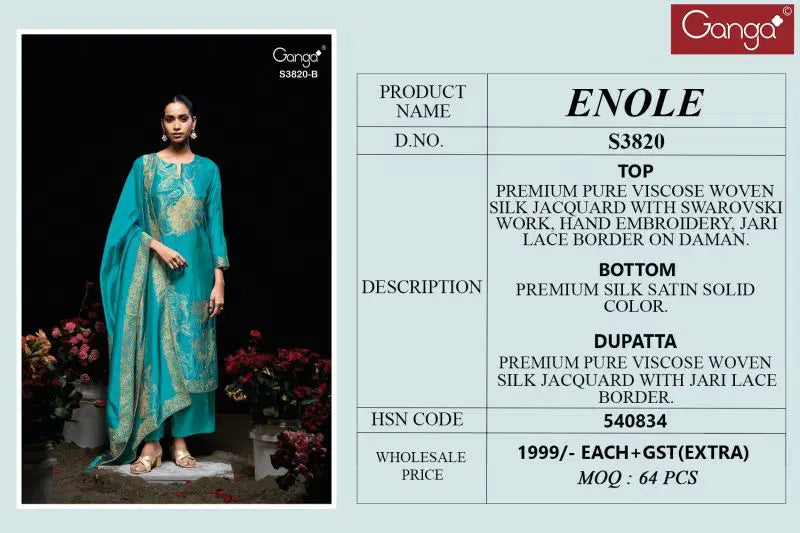 Ganga Enole 3820 Viscose Woven Silk Jacquard Work Salwar Kameez