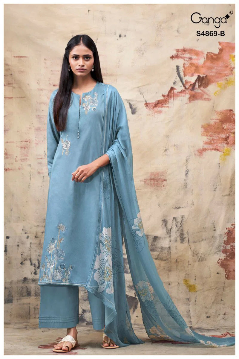 Ganga Evikaa 4869 Cotton Satin Embroidered Salwar Kameez Collection