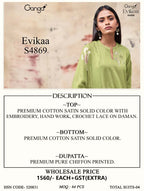 Ganga Evikaa 4869 Cotton Satin Embroidered Salwar Kameez Collection