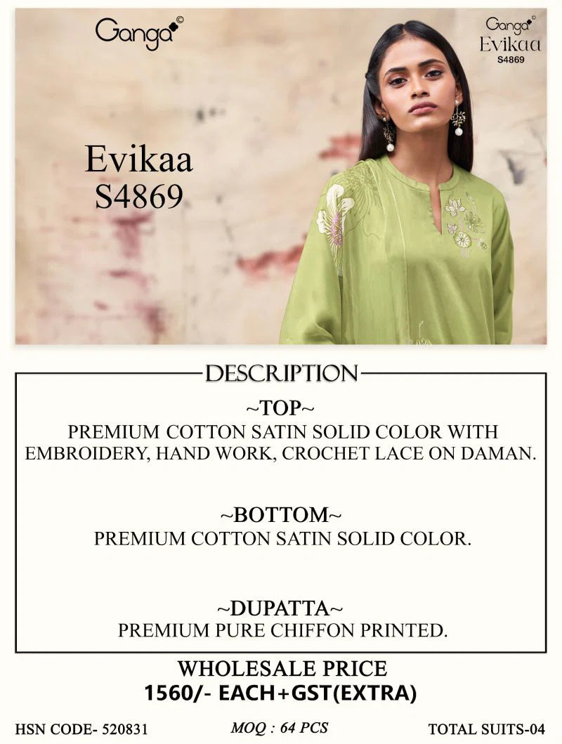 Ganga Evikaa 4869 Cotton Satin Embroidered Salwar Kameez Collection