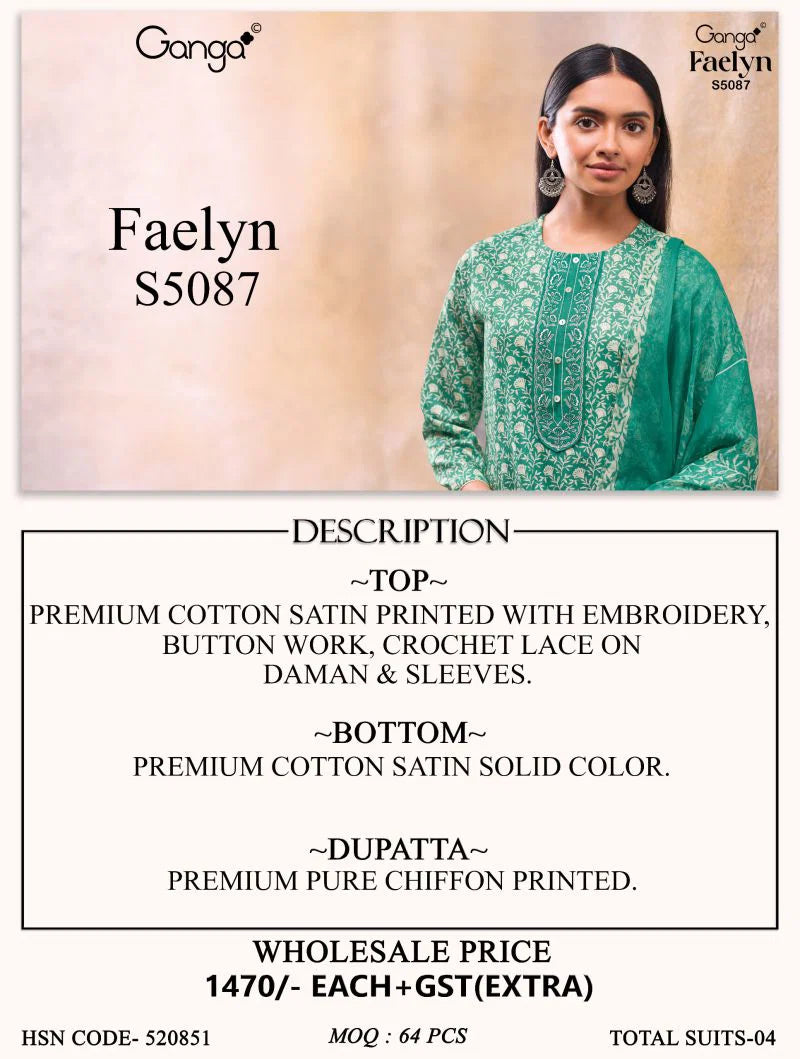Ganga Faelyn 5087 Cotton Satin Embroidered Salwar Kameez