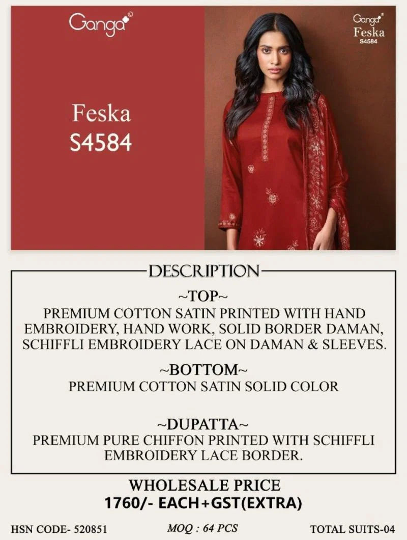 Ganga Feska 4584 Cotton Satin Handworked Salwar Kameez Collection