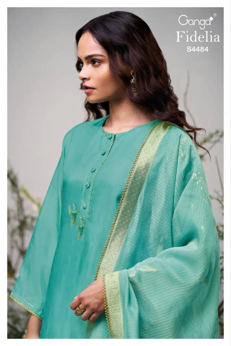 Ganga Fidelia 4484 Bemberg Silk With Handwork Embroidery Dress Material