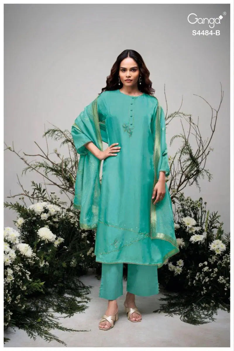 Ganga Fidelia 4484 Bemberg Silk With Handwork Embroidery Dress Material