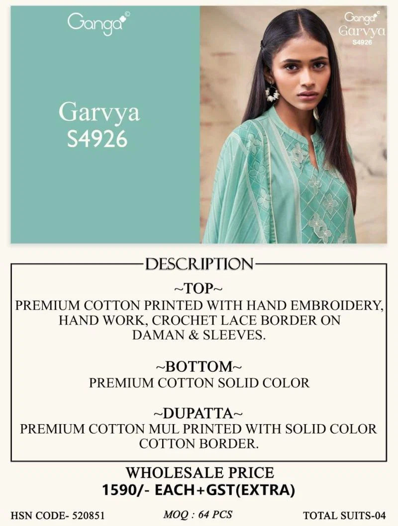 Ganga Garvya 4926 Cotton Printed With Hand Embroidered Salwar Kameez Collection