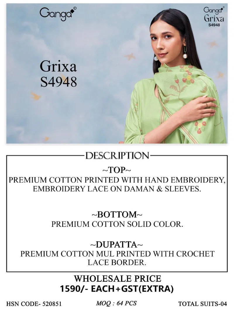 Ganga Grixa 4948 Cotton Printed With Embroidery Salwar Kameez