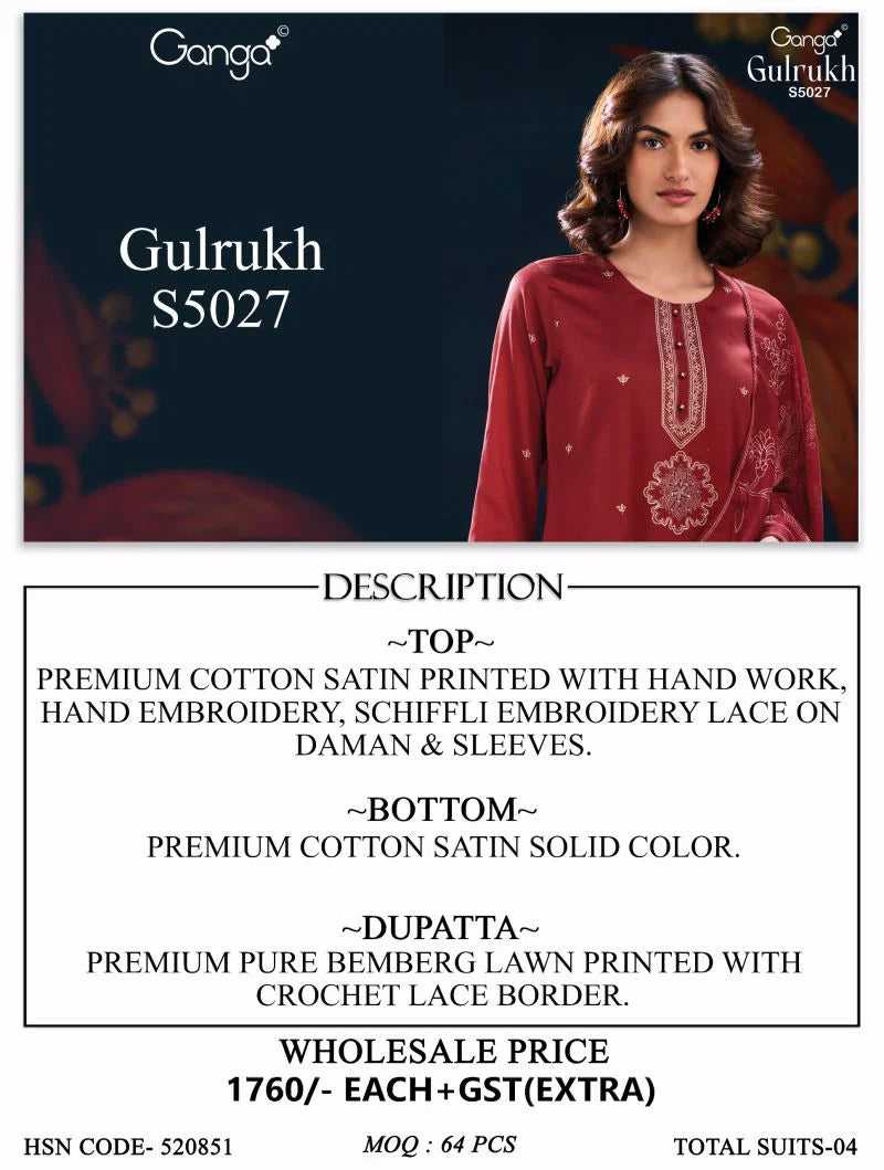 Ganga Gulrukh 5027 Cotton Satin Printed Handwork Salwar Kameez