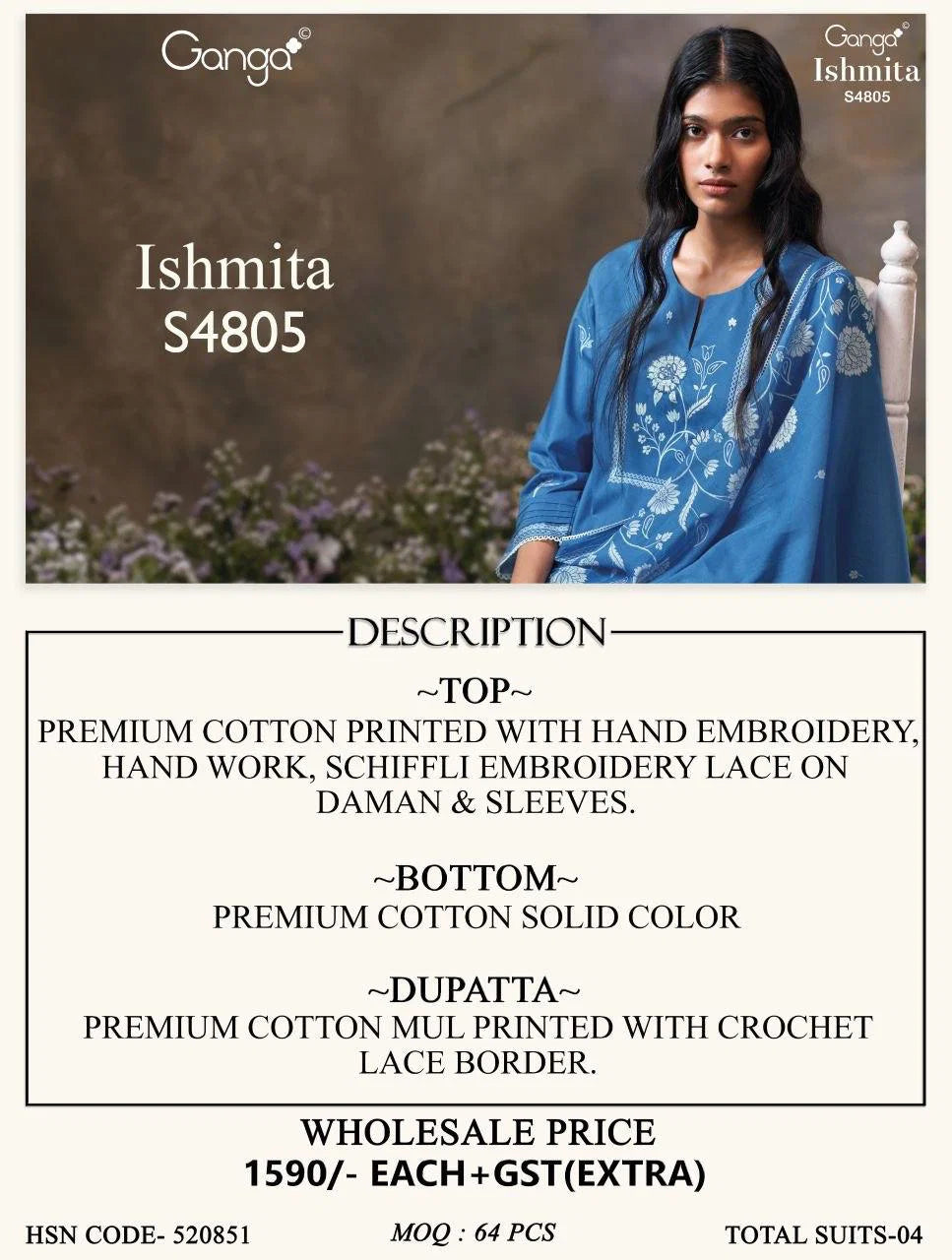 Ganga Ishmita 4805 Cotton Printed Embroidered Salwar Kameez
