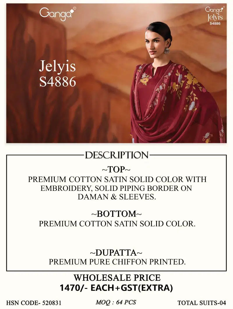 Ganga Jelyis 4886 Cotton Satin Embroidered Salwar Kameez