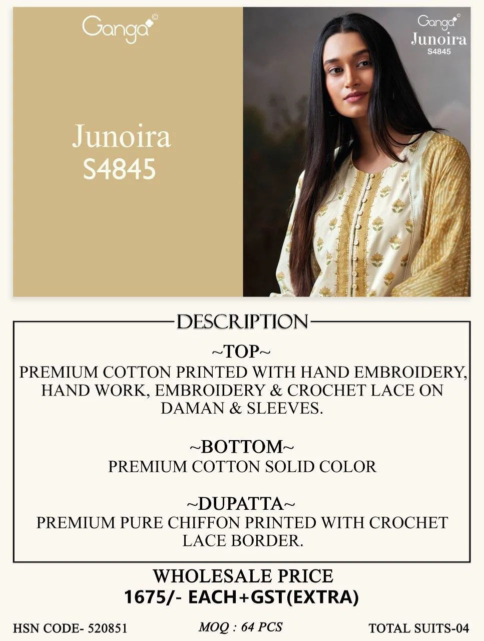 Ganga Junoira 4845 Cotton Printed Hand Embroidered Salwar Kameez