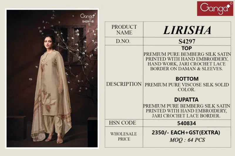 Ganga Lirisha 4297 Bemberg Silk With Embroidery Work Dress Material