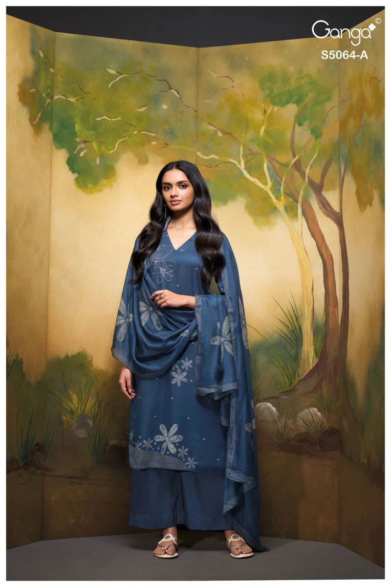 Ganga Maevina 5064 Cotton Satin Print Hand Embroidered Salwar Kamee