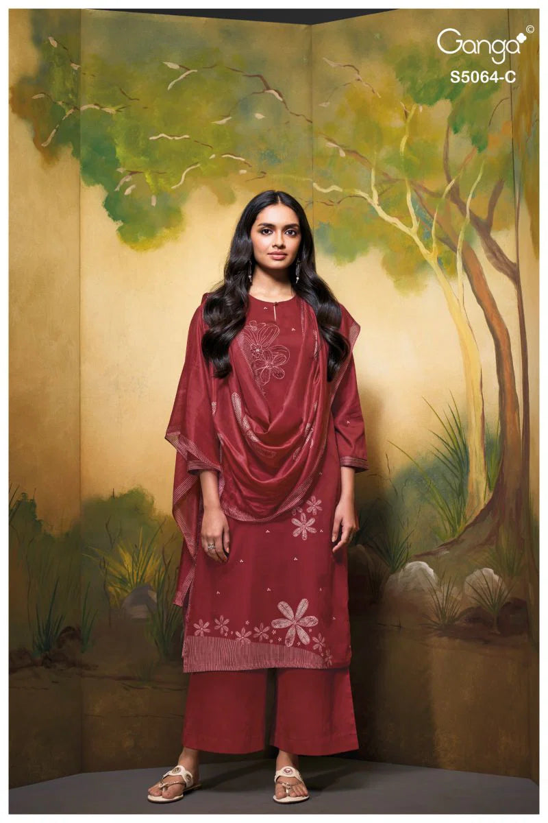 Ganga Maevina 5064 Cotton Satin Print Hand Embroidered Salwar Kamee