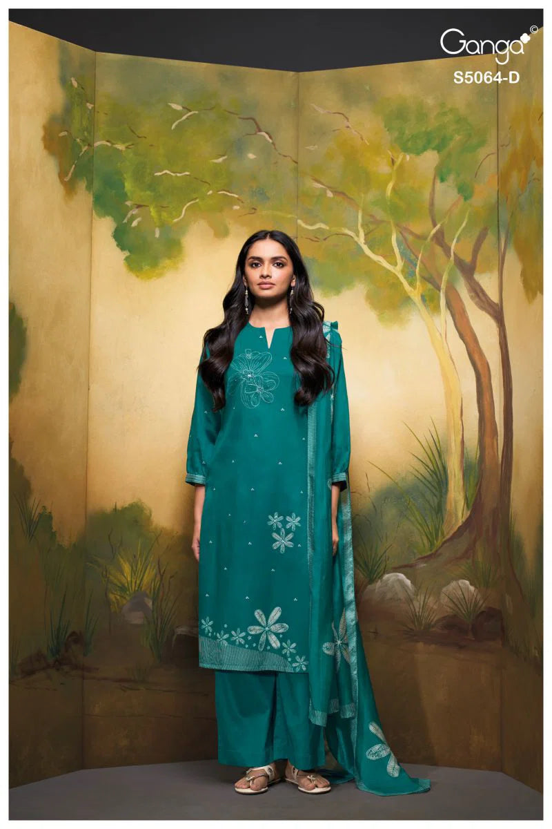 Ganga Maevina 5064 Cotton Satin Print Hand Embroidered Salwar Kamee