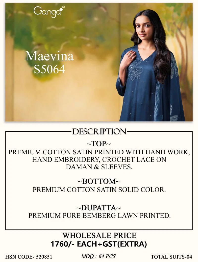 Ganga Maevina 5064 Cotton Satin Print Hand Embroidered Salwar Kamee