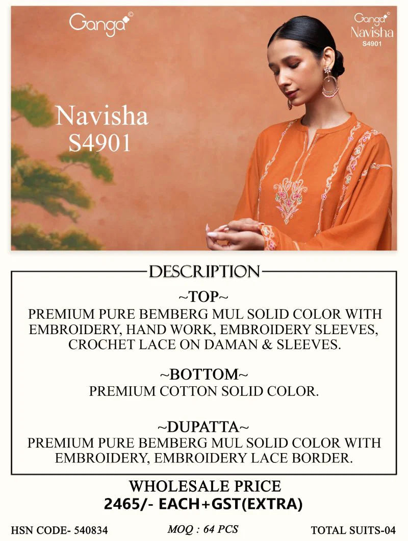 Ganga Navisha 4901 Bemberg Mul Embroidered Salwar Kameez