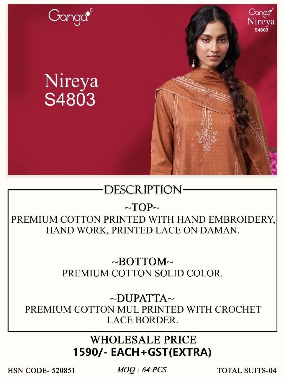 Ganga Nireya 4803 Cotton Printed Embroiderd Salwar Kameez